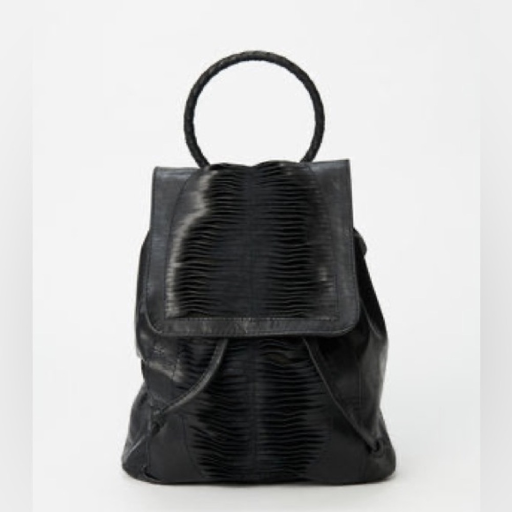 Black Leather Women's Backpack with Textured Front Panel - Picture 2 of 10